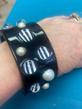 Vintage Black Beaded Accent cuff  Bangle Bracelet with Pearl and Striped Inlays